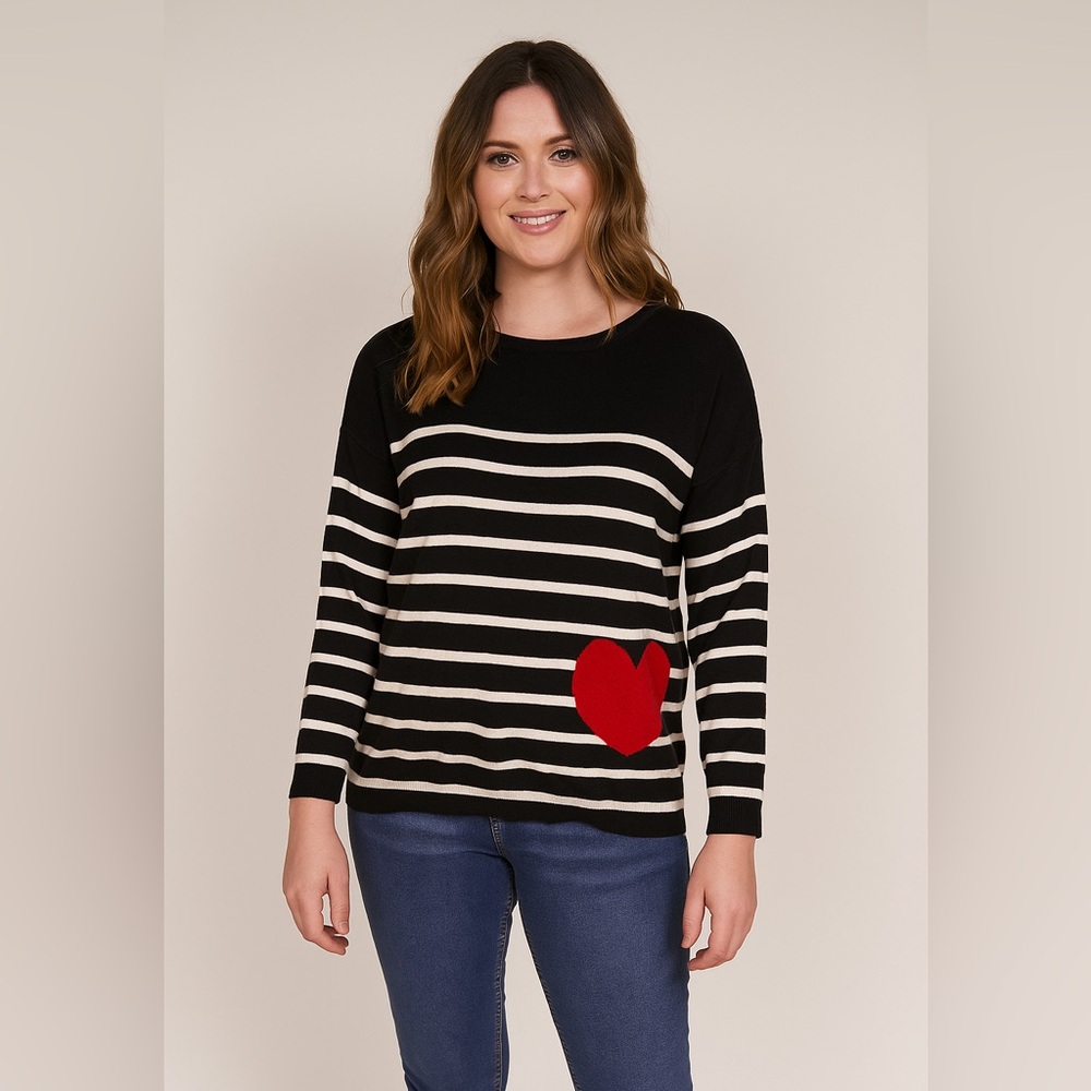 Black and White Striped Sweater with Red Heart
